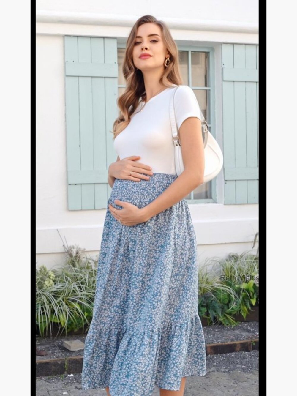 Maternity Floral Midi Skirt - Shirred High Waisted Flowy Casual Pregnancy Skirt - Picture 6 of 6
